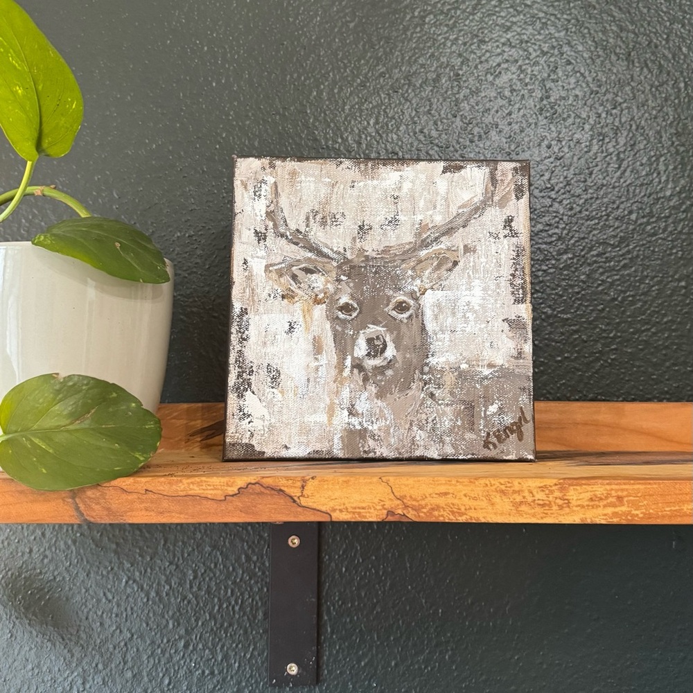 Kristen Engel Signed Original Deer Painting 8x8 Rustic Neutral Farmhouse Art